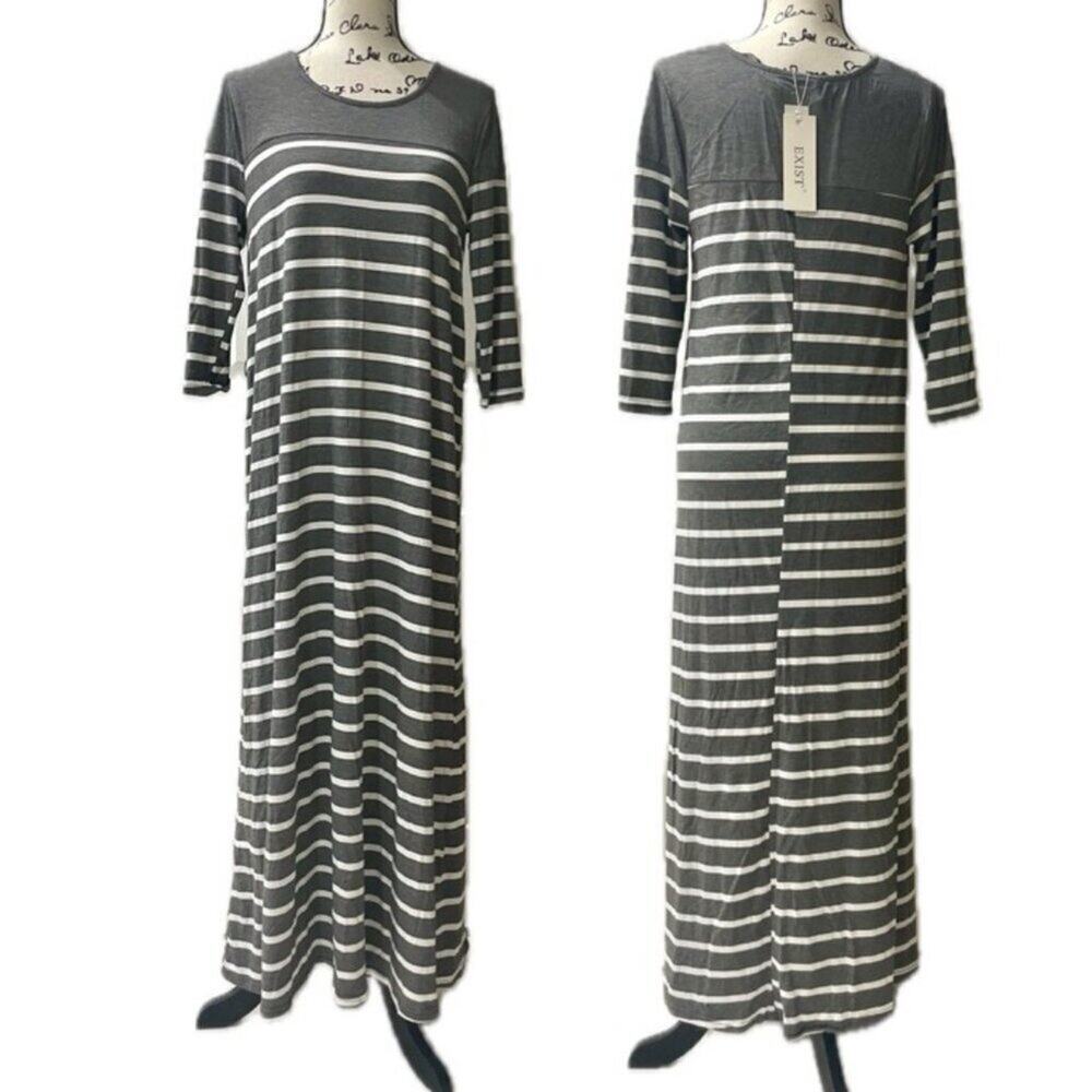 Exist Maxi Dress 3/4 Sleeve Stripe Ribbed Size‎ Medium versatile chic BEACHY